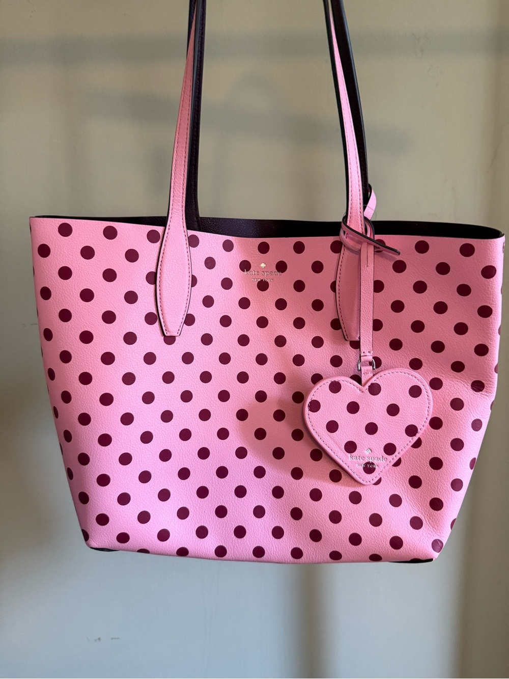 kate spade Pink Tote with Burgundy Polka Dots and Heart Charm - Picture 2 of 8